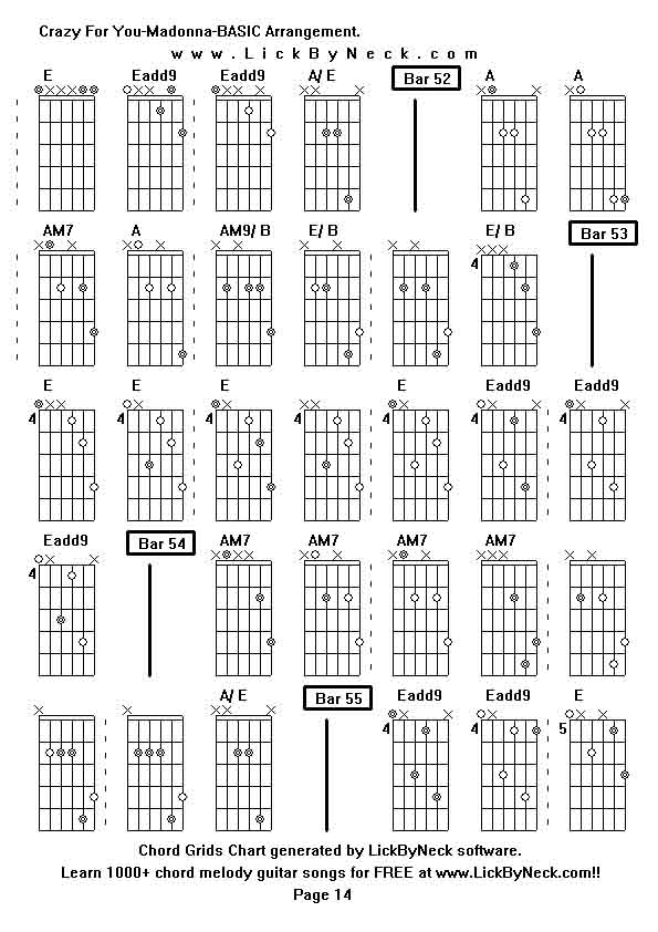 Chord Grids Chart of chord melody fingerstyle guitar song-Crazy For You-Madonna-BASIC Arrangement,generated by LickByNeck software.